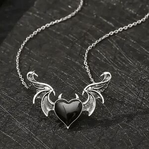 SILVER BLACK ONYX HEART WING NECKLACE